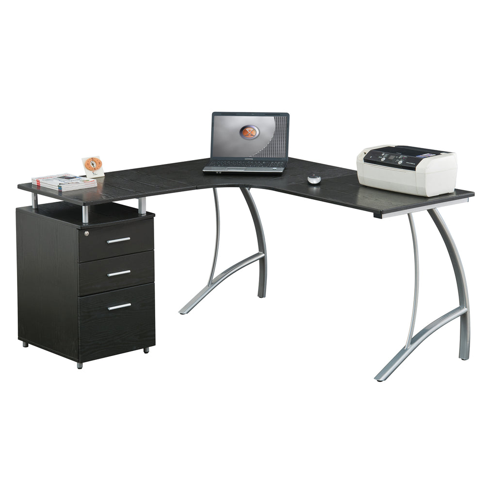 Office Express L-Shape Corner Computer Desk with File Cabinet - Espresso