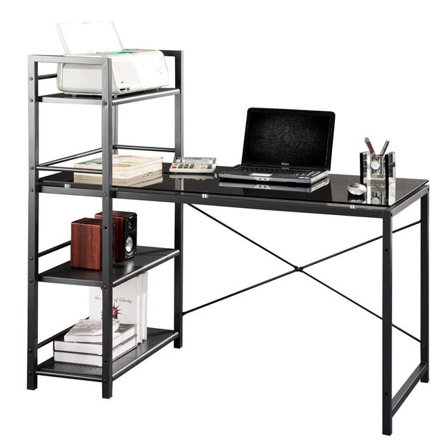Contemporary Glass Top Computer Desk with 4-Shelf Bookcase - Black & Gray