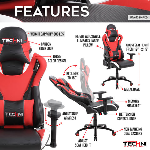Techni Sport Home Office Racing Style PC Gaming Chair - Red