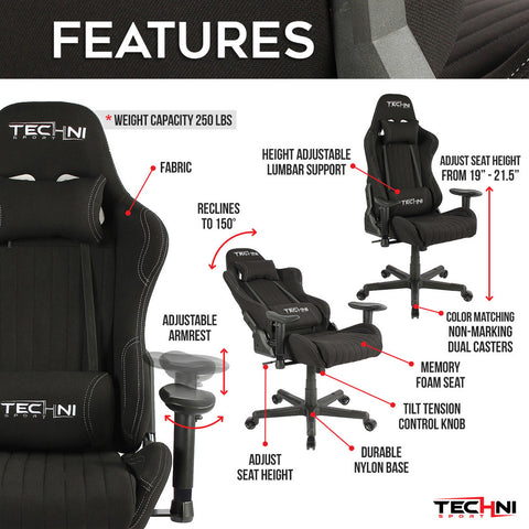 Techni Sport Home Office Racing Style PC Gaming Chair - Black